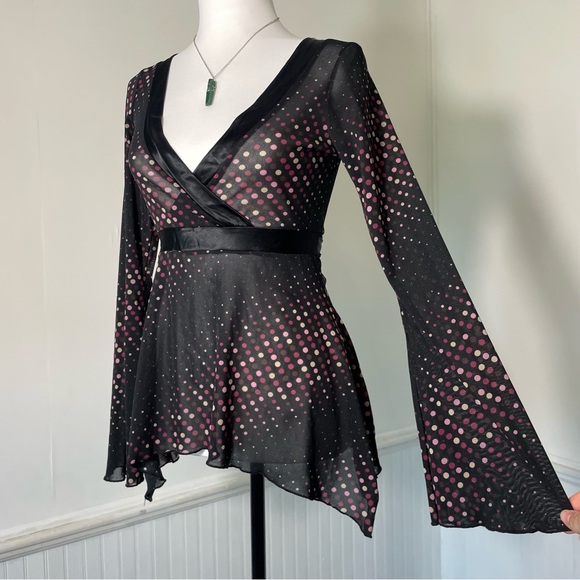 Hot Tempered Don’t Be Afraid Y2K B&W Pink Polka Dot Mesh Flare Long Slv Babydoll - Picture 2 of 8